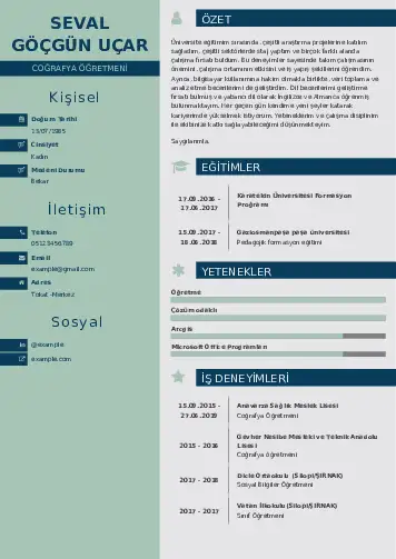 Coğrafya Öğretmeni CV Örnekleri cv indir